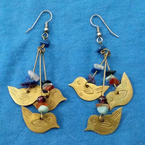 Vintage Jewelry Vintage Artisan Made Triple Brass Bird And Stone